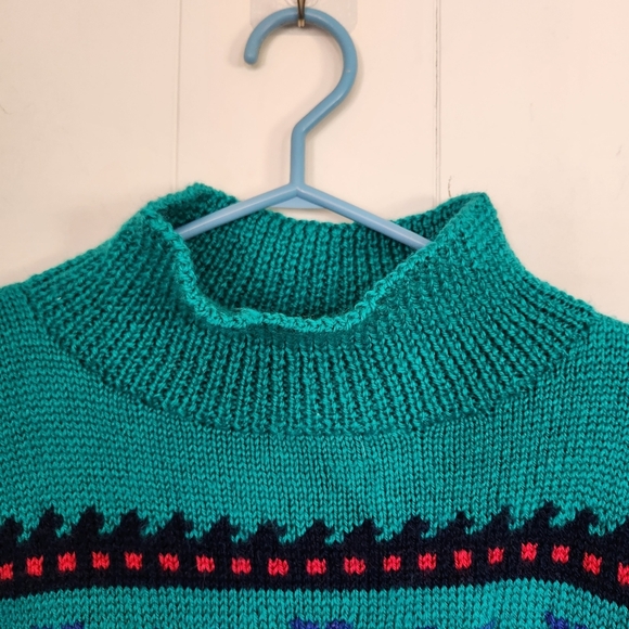 Vintage 90s Handmade Knit Slouchy Green Sweater Mock Neck Winter Cabin 1990s - Picture 4 of 10